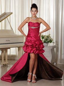 Red Strapless High-low Ruched Beaded Prom Dress with Pick-ups and Flowers