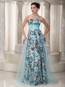 Brand New Sweetheart Long Blue Printed Prom Pageant Dress
