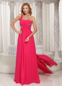 One Shoulder Hot Pink Ruched Beaded Chiffon Prom Party Dresses