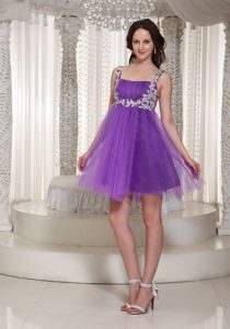 Square Straps Mini-length Purple Ruched Prom Cocktail Dress with Appliques
