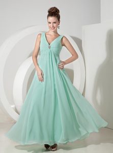 V-neck Straps Long Apple Green Ruched Beaded Prom Dress for Cheap