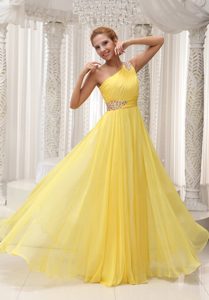 One Shoulder Long Yellow Prom Party Dress with Ruching and Beading