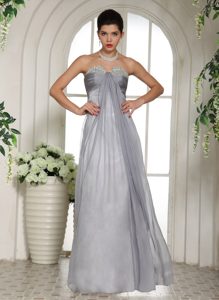 Slot Neckline Long Gray Ruched Chiffon Beaded Prom Evening Dresses
