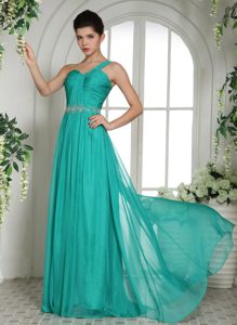 Turquoise One Shoulder Ruched Chiffon Prom Dress with Beading