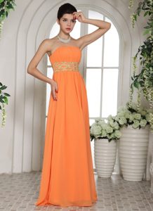 Strapless Long Orange Red Ruched Chiffon Prom Dresses with Beading