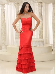 Sweetheart Long Ruched Red Taffeta Prom Dresses with Layers for Cheap