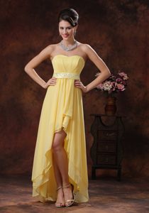 Light Yellow Strapless Layered High-low Ruched Prom Dress with Beaded Waist