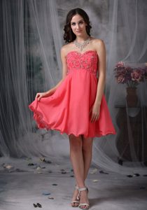 Watermelon Sweetheart Knee-length Chiffon Prom Dress with Appliques on Sale
