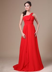 Latest Red One Shoulder Ruched Chiffon Prom Dress for Anniversary
