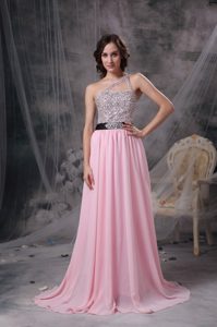 Asymmetrical Shoulder Baby Pink Chiffon Prom Dress with Beading