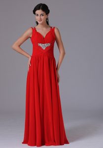 Best V-neck Straps Long Ruched Red Chiffon Prom Dress with Beading