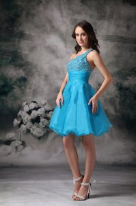 Aqua Blue One Shoulder Knee-length Beaded Organza Prom Dresses for Juniors