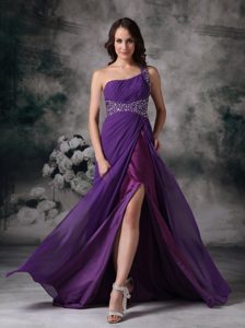 Dark Purple One Shoulder Ruched Beaded Prom Dress with High Slit
