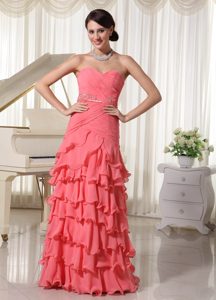 Watermelon Sweetheart Long Ruched Ruffles Prom Dresses with Beading