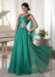 One Shoulder Long Ruched Turquoise Prom Party Dress with Appliques