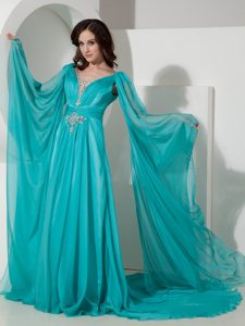 Turquoise V-neck Long Sleeves Ruched Prom Dresses with Beading