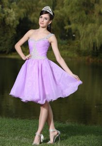 Lavender One Shoulder Knee-length Organza Ruched Prom Dress with Appliques