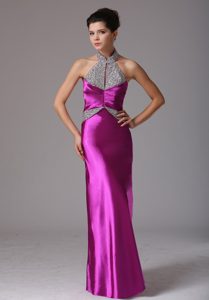 High-neck Long Fuchsia Taffeta Prom Dresses with Beading and Cutout