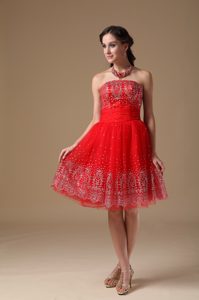 Strapless Knee-length Red Special Fabric Prom Dress for Bridesmaid for Cheap