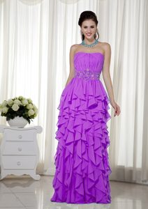 Chic Purple Strapless Long Ruched Prom Dress with Beading and Ruffles