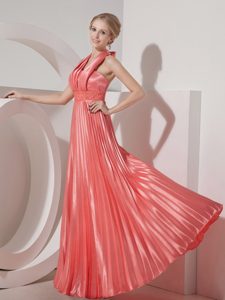 Watermelon Halter Long Ruched Taffeta Pleated Prom Dress for Celebrity