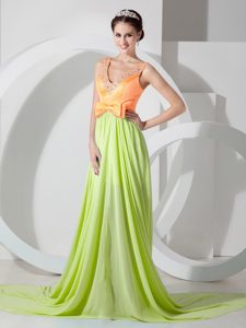 V-neck Court Train Orange and Green Beaded Prom Evening Dresses with Bow