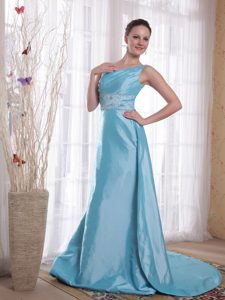 One Shoulder Court Train Baby Blue Taffeta Prom Celebrity Dress with Beading
