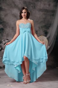 Aqua Blue Sweetheart Layered High-low Beaded Chiffon Prom Dress with Bow