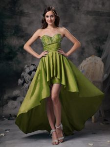 New Olive Green Sweetheart High-low Ruched Taffeta Prom Dress with Appliques