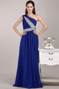 Blue Empire One Shoulder Long Prom Dresses for Girls with Beading
