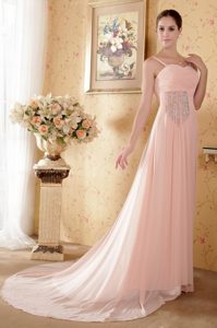 Peach Pink Straps Empire Prom Dress for Girls with Court Train and Beading