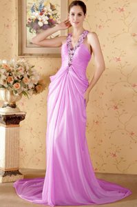 Beading and Ruching Lavender Halter Prom Court Dresses with Chapel Train