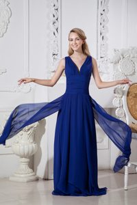 Popular Blue V-neck Empire Prom Dress for Cocktail Party with Brush Train