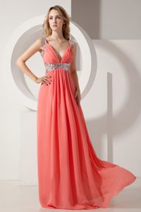 Sequined Rust Red Empire V-neck Long Prom Court Dress in Chiffon