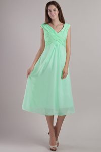 Best Apple Green Empire V-neck Tea-length Prom Holiday Dresses in Chiffon