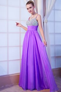 Exquisite Purple Empire Straps Long Prom Party Dresses with Beading
