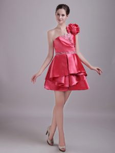 Red One Shoulder Mini-length Cocktail Prom Dress with Beading and Flower