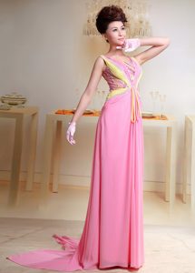 Discount V-neck Empire Watteau Train Prom Nightclub Dresses in Baby Pink