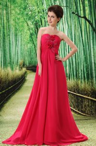 Coral Red Stylish Strapless Court Train Prom Nightclub Dresses with Flowers