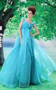 Off the Shoulder Court Train Prom Dress for Girls with Flowers in Aqua Blue