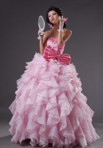 Strapless Cocktail Prom Dress with Ruffles and Bowknot in Baby Pink