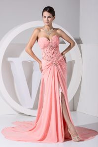 Sweetheart Empire Pink Prom Party Dresses with Watteau Train and High Slit
