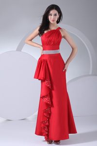 Red One Shoulder Ankle-length Prom Court Dress with Beading and Ruching
