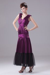 Purple V-neck Ankle-length Prom Dress for Graduation with Ruching on Sale