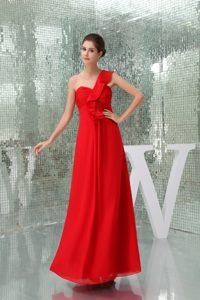 Pretty Chiffon One Shoulder Ankle-length Prom Dress for Anniversary in Red