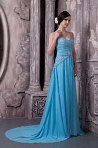 2013 Aqua Blue Sweetheart Court Train Prom Dresses for Girls with Beading