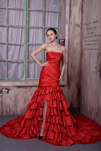 Unique Ruched and Ruffled Red Strapless Prom Dresses with Cathedral Train