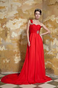 Red Empire One Shoulder Prom Holiday Dress with Watteau Train in Chiffon