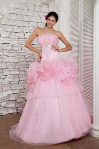 Simple Baby Pink Strapless Cocktail Prom Dresses with Beading and Flowers