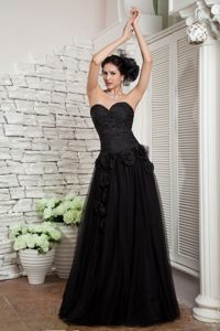 Modest Black Sweetheart Empire Prom Party Dress with Beading and Flowers